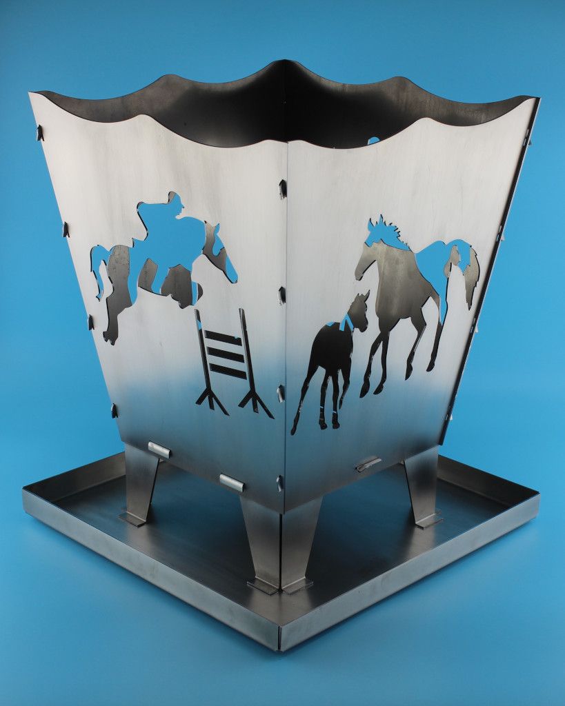Feuerkorb Pferd mit Aschekasten - Motive: Stute mit Fohlen - Springreiter